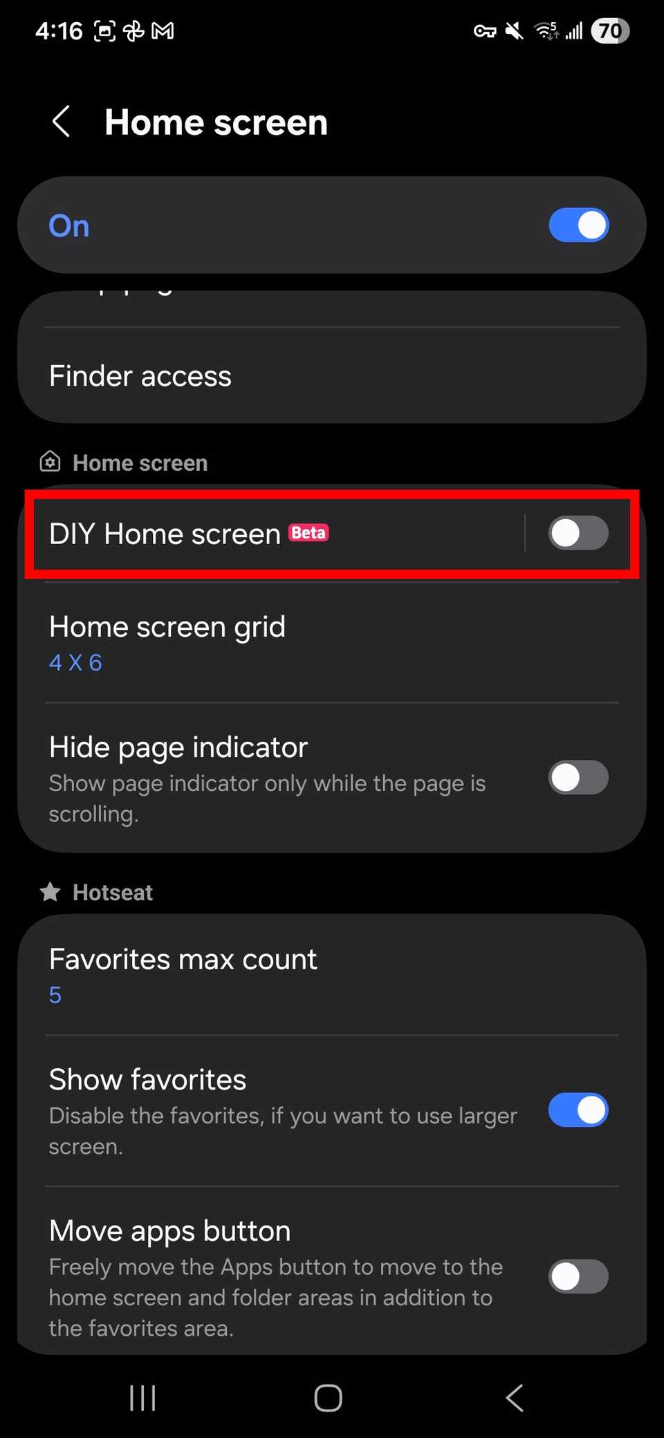 مخطط مستطيل أحمر يسلط الضوء على تبديل الشاشة الرئيسية DIY في إعدادات الشاشة الرئيسية في وحدة Home Up