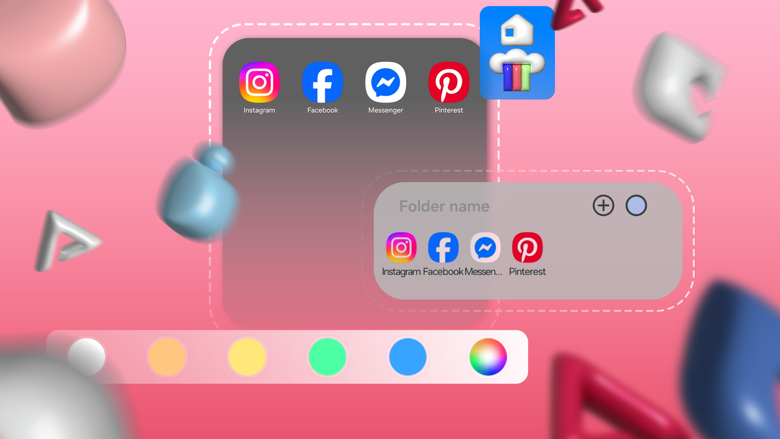 Illustration of a Samsung app folder being customized, showing social media icons grouped together, color options, and floating 3D shapes around.