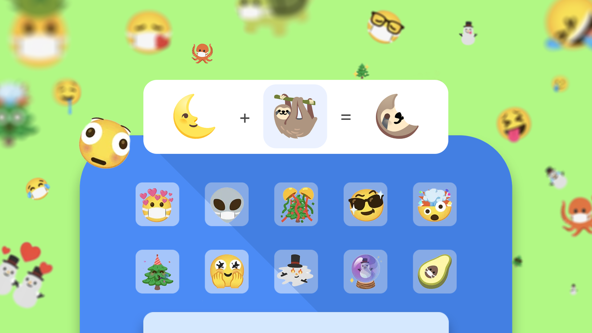 Illustrazione di Emoji Kitchen di Gboard che mostra un'emoji della luna combinata con un'emoji del bradipo per creare un adesivo mashup, visualizzato sopra una griglia di altri mashup emoji su uno sfondo colorato.