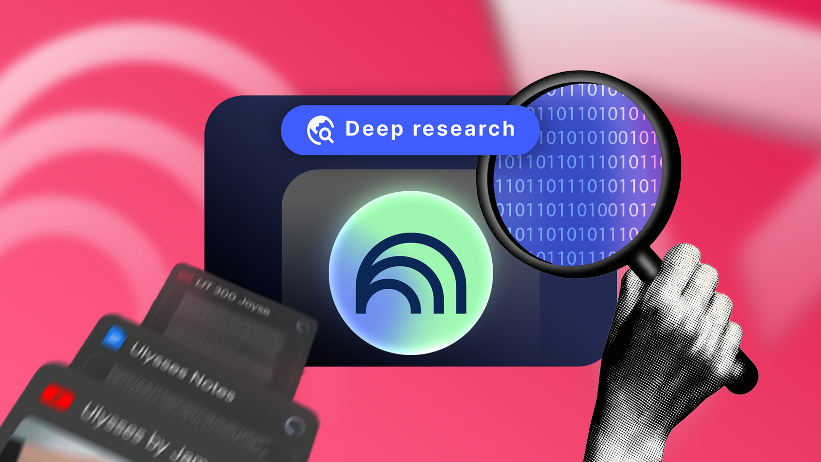 Illustration of NotebookLM’s Deep Research feature, showing a magnifying glass over binary code, the NotebookLM logo, and stacked document cards.