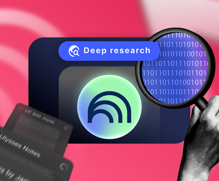 Illustration of NotebookLM’s Deep Research feature, showing a magnifying glass over binary code, the NotebookLM logo, and stacked document cards.