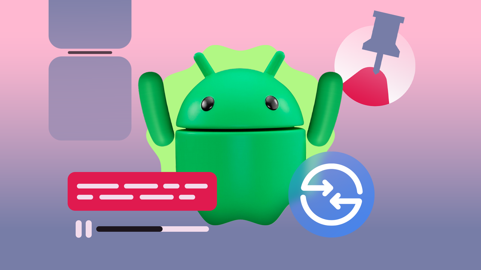 Illustration of the Android mascot surrounded by icons representing Android features, including Live Caption text, an app-pinning symbol, Quick Share, and split-screen