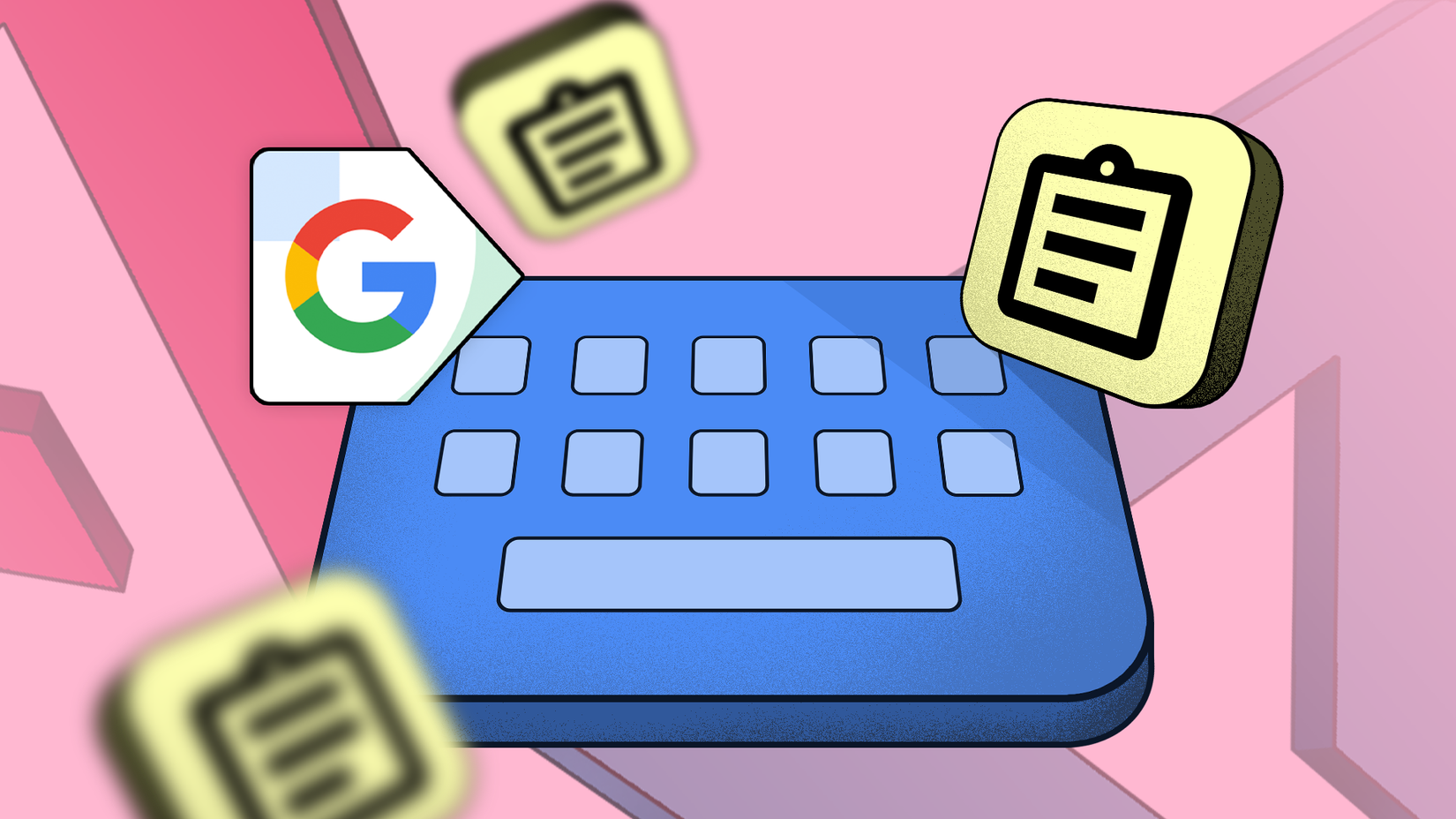 Illustration of the Google Gboard and multiple clipboard icons floating around it.