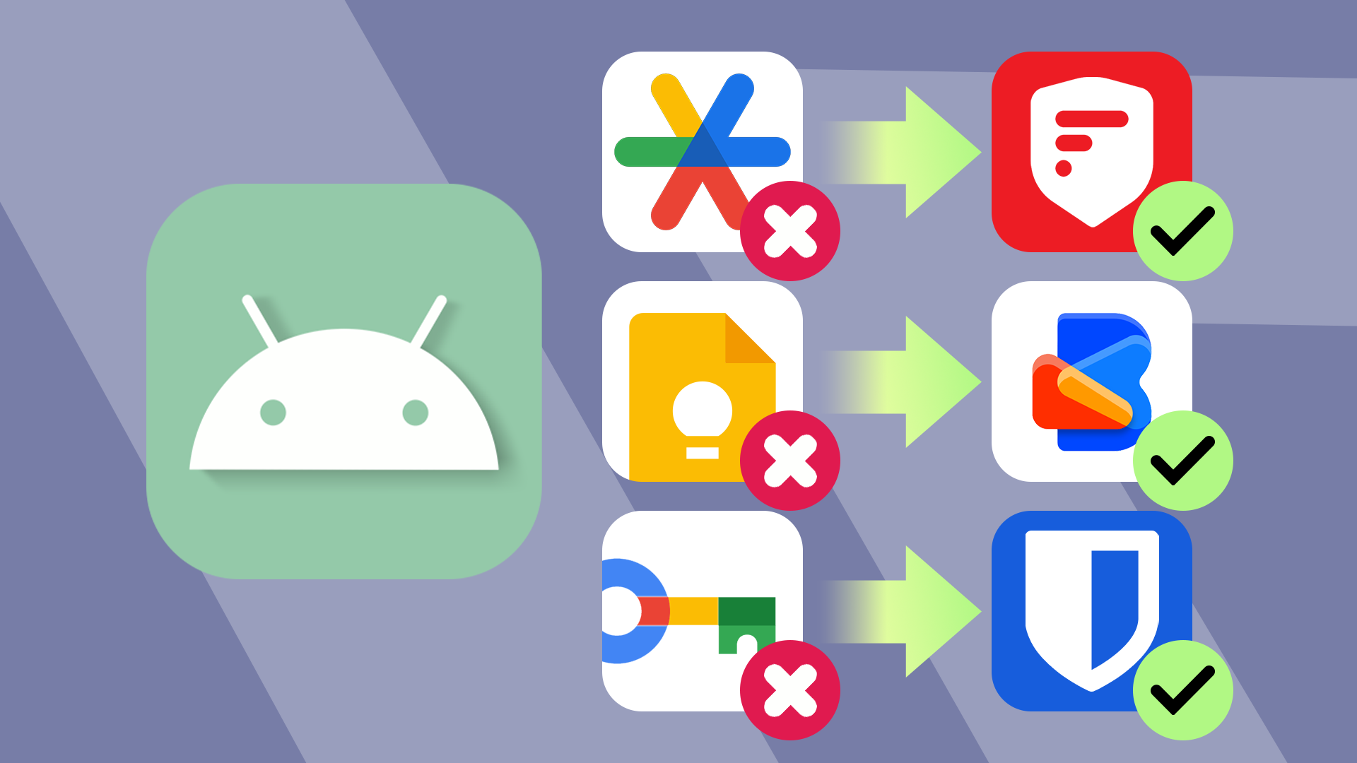 Illustration showing Android’s default app icons with a red X being replaced by alternative apps with green check marks.