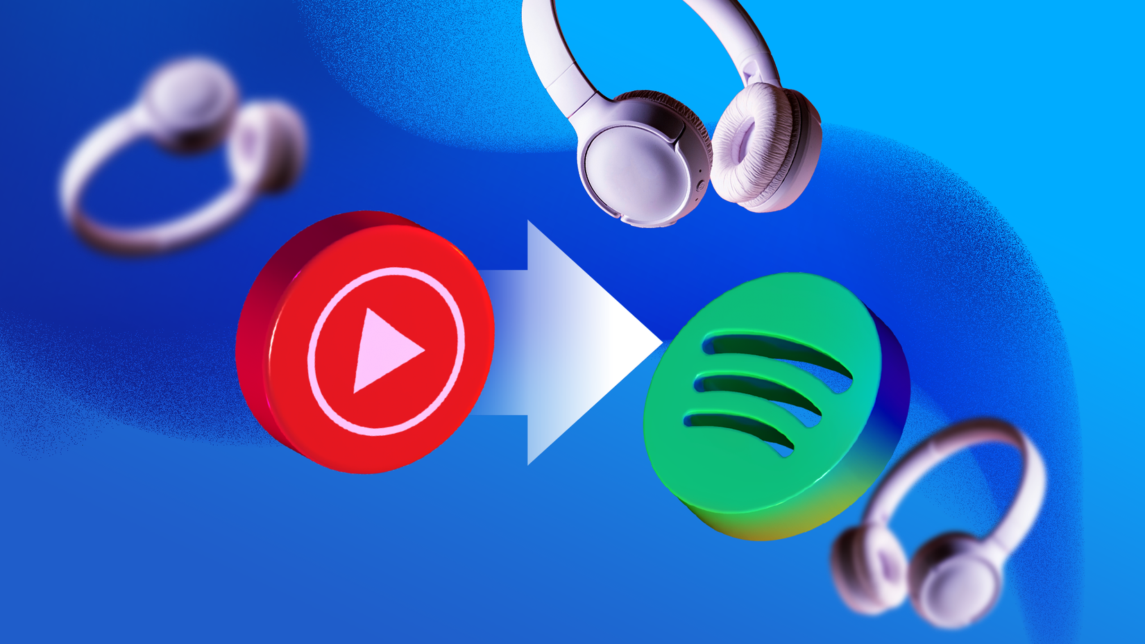 Ilustração mostrando o logotipo do YouTube Music à esquerda e o logotipo do Spotify à direita, conectados por uma seta grande, com vários fones de ouvido flutuando em um fundo azul.