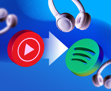Ilustração mostrando o logotipo do YouTube Music à esquerda e o logotipo do Spotify à direita, conectados por uma seta grande, com vários fones de ouvido flutuando em um fundo azul.