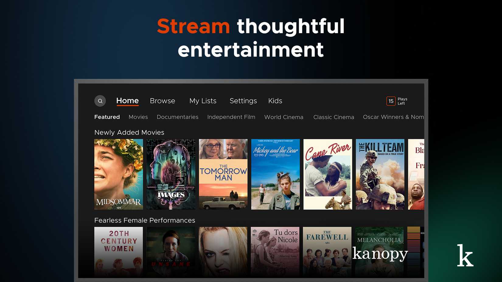 Interface do aplicativo de streaming Kanopy mostrando seleções de filmes