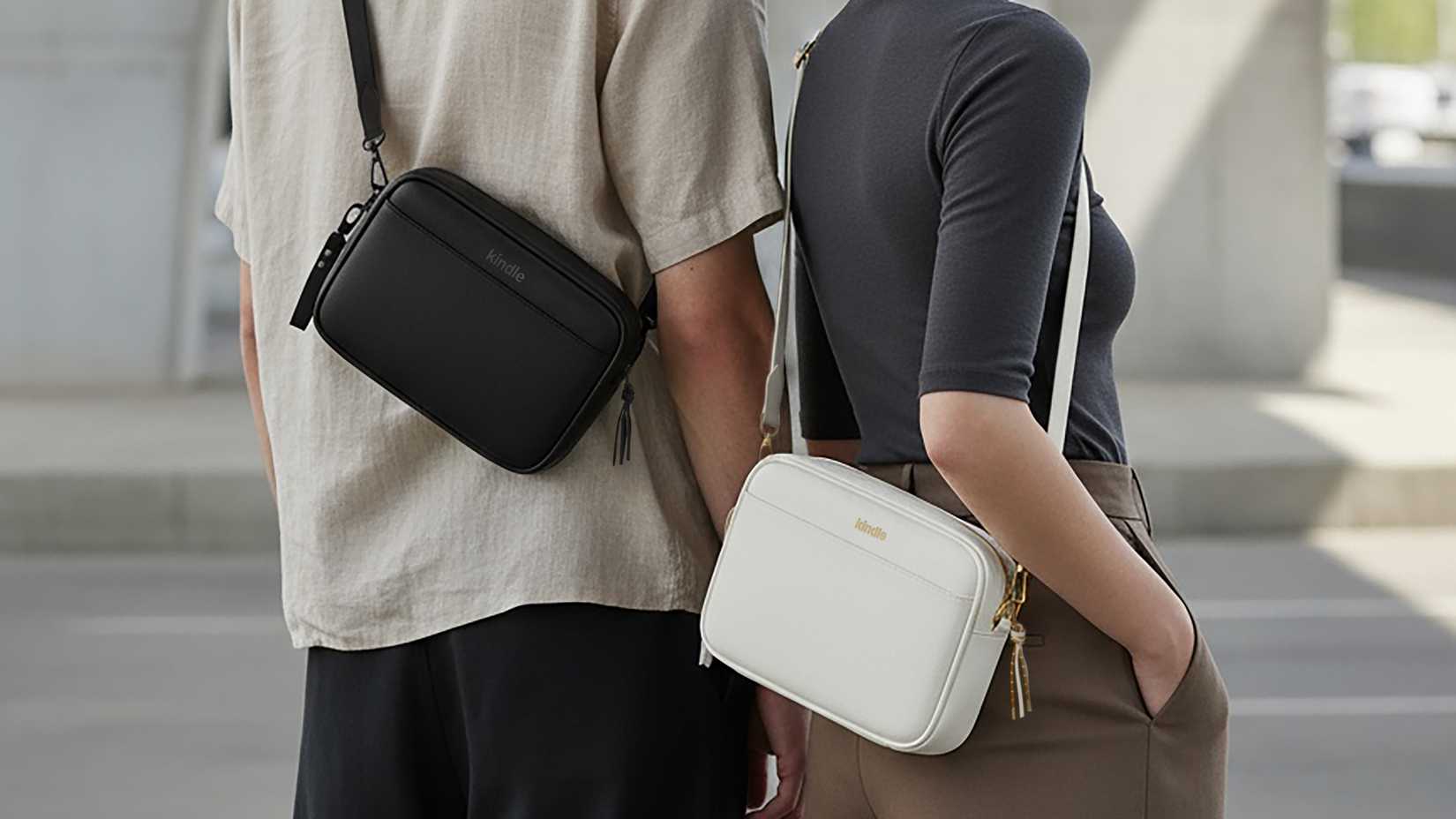 The Kindle sling bag being worn outdoors, with both styles on view.