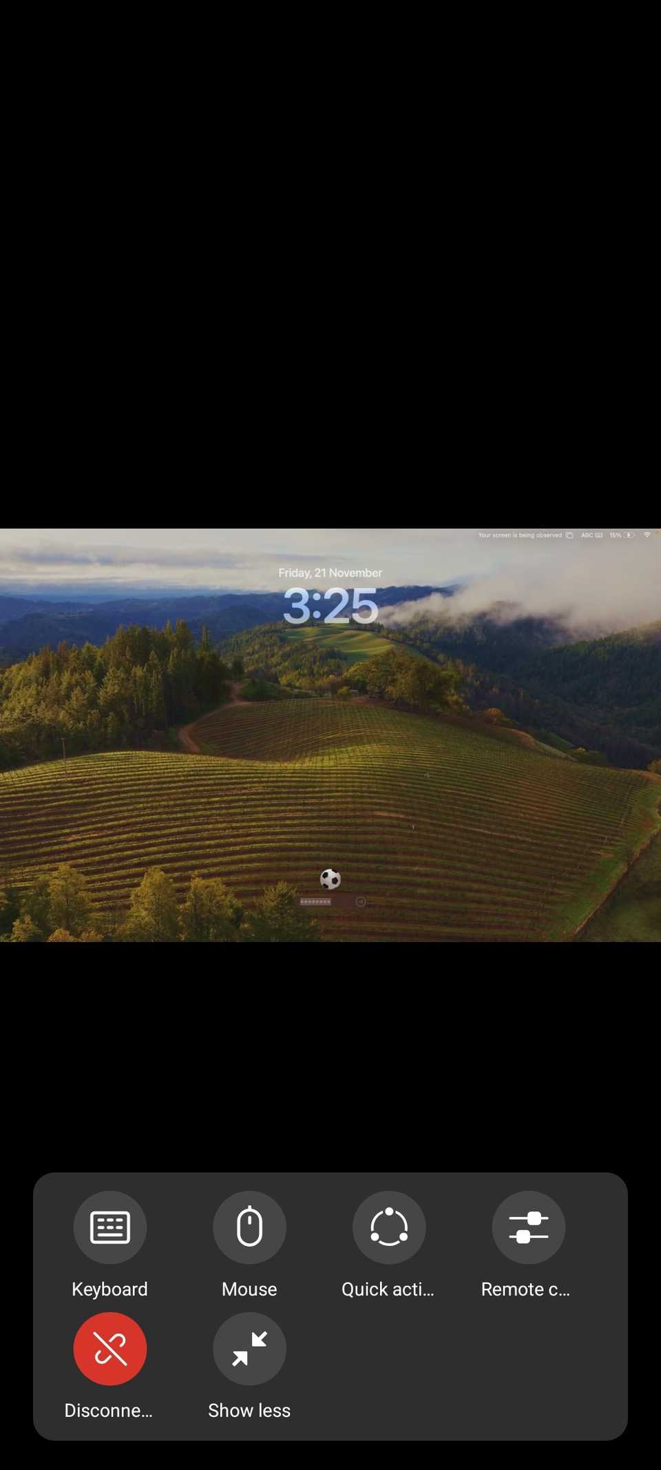 Android phone screen showing mirrored MacBook desktop with navigation controls at the bottom