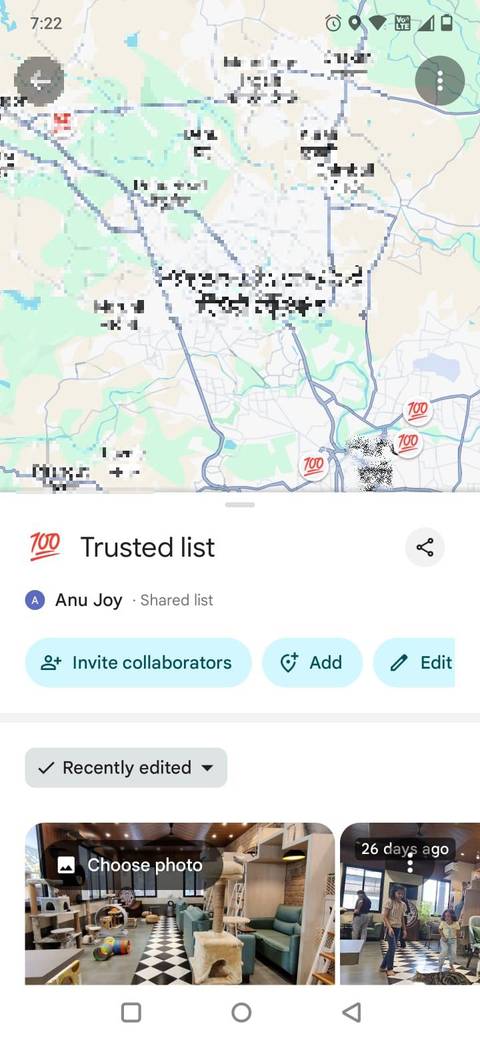 Στιγμιότυπο οθόνης που δείχνει μια λίστα που ονομάζεται Αξιόπιστη στους Χάρτες Google