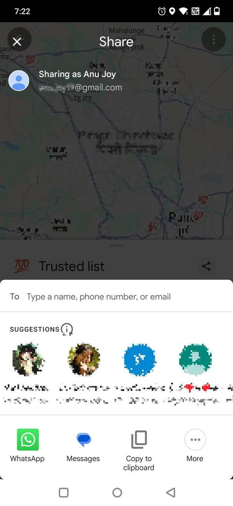 Στιγμιότυπο οθόνης που δείχνει τον τρόπο κοινής χρήσης μιας λίστας στους Χάρτες Google