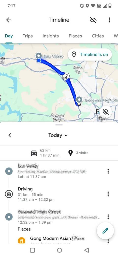 Στιγμιότυπο οθόνης που δείχνει το Χρονολόγιο στους Χάρτες Google 
