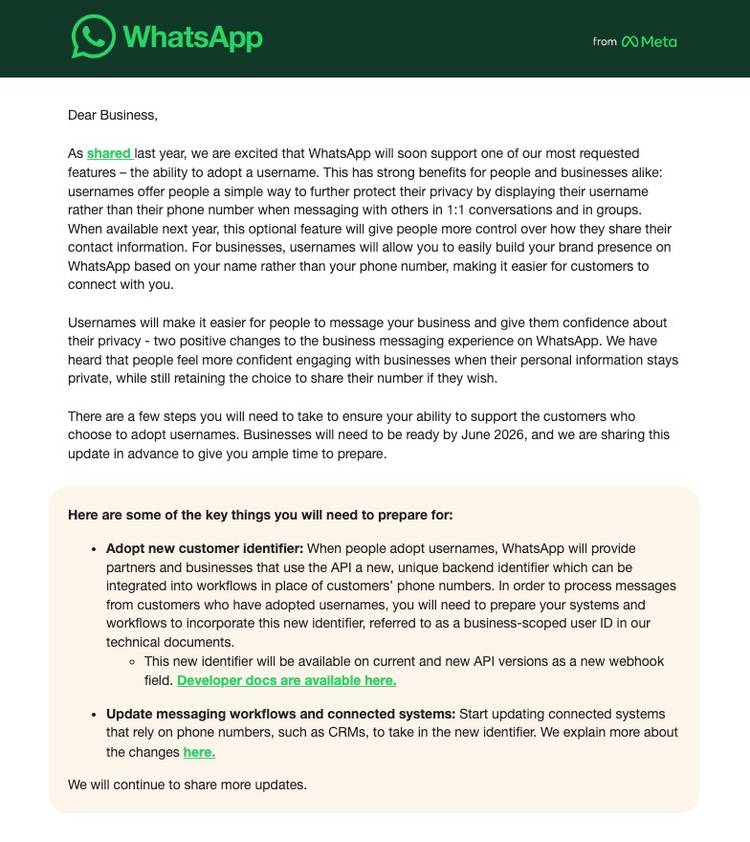Meta's email to businesses about WhatsApp username support