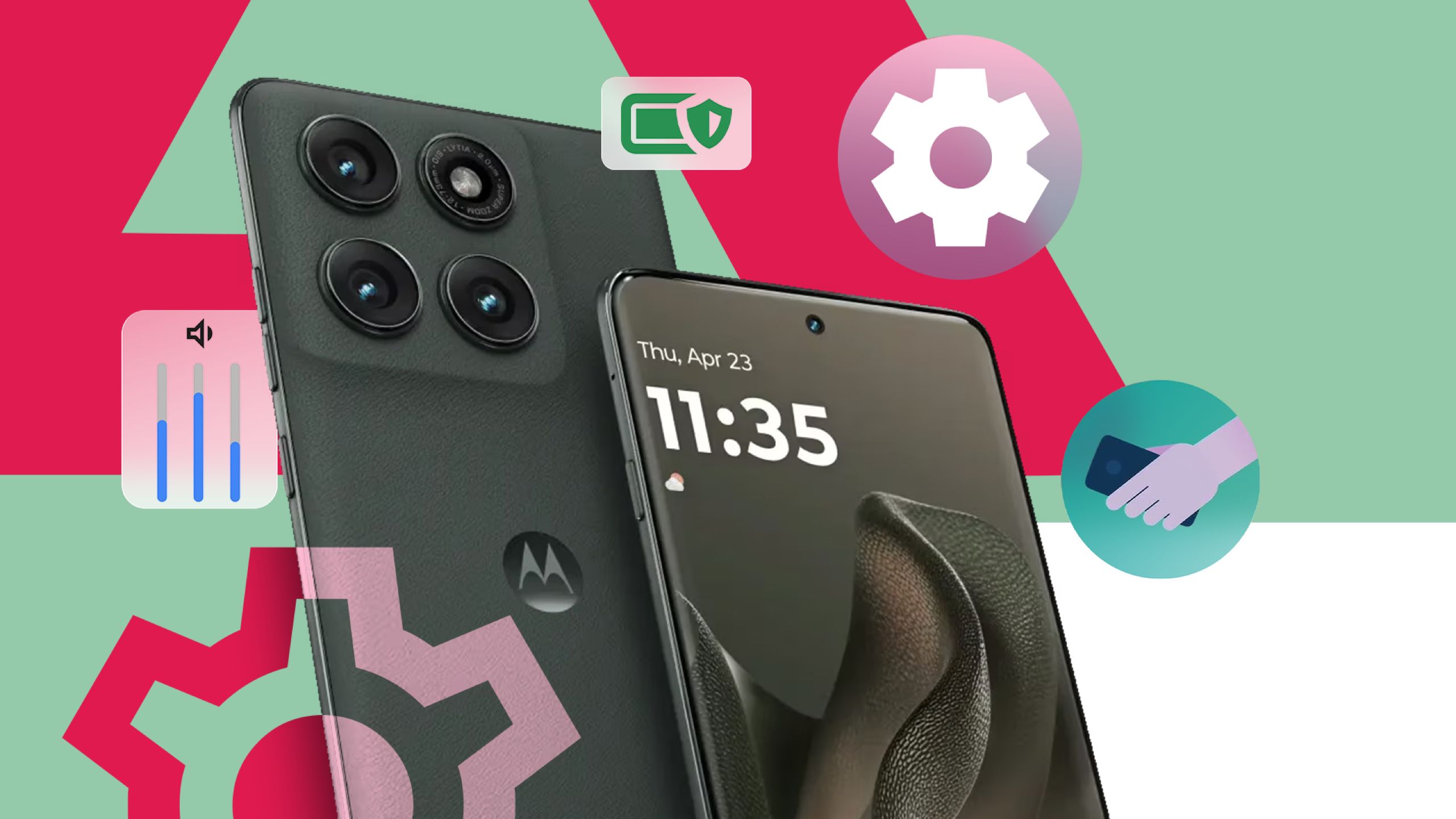 Motorola smartphone displayed with icons representing key settings, including battery protection, Multi-volume and Moto Gestures