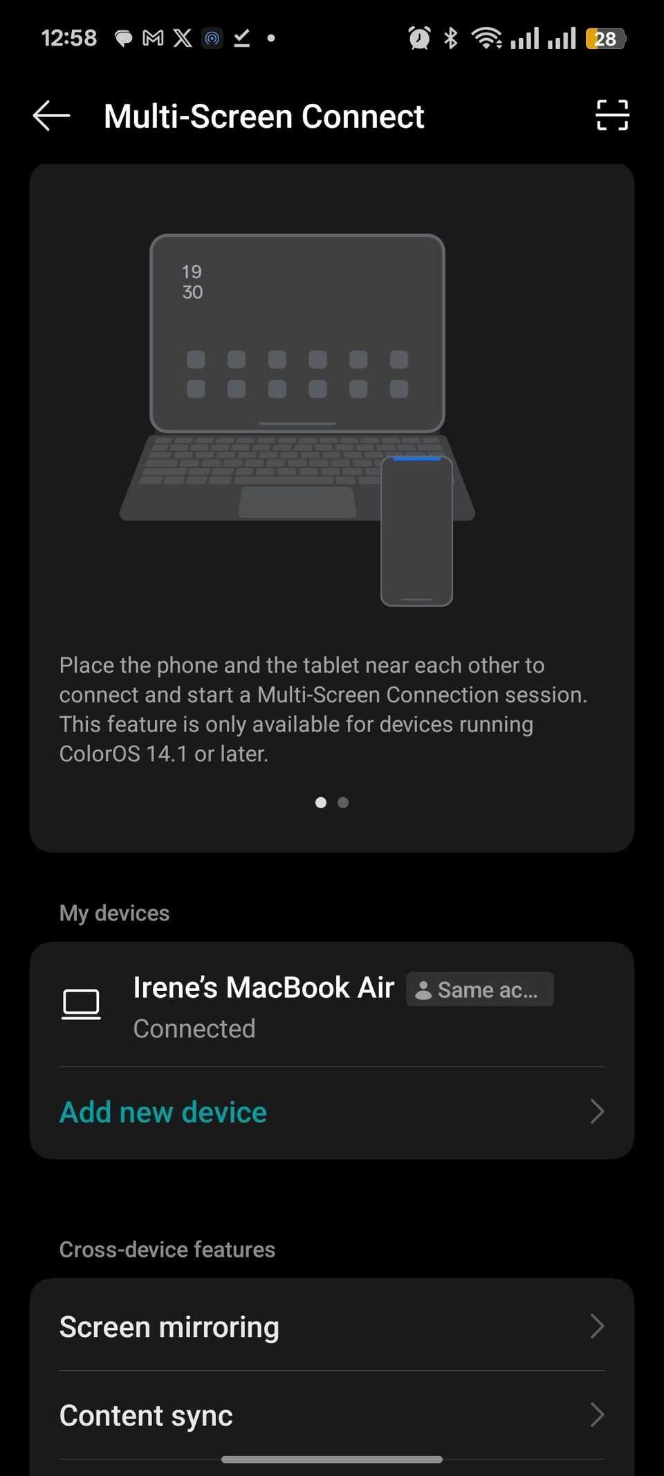 Menu showing connected MacBook Air to Realme Phone and multi-screen connection settings