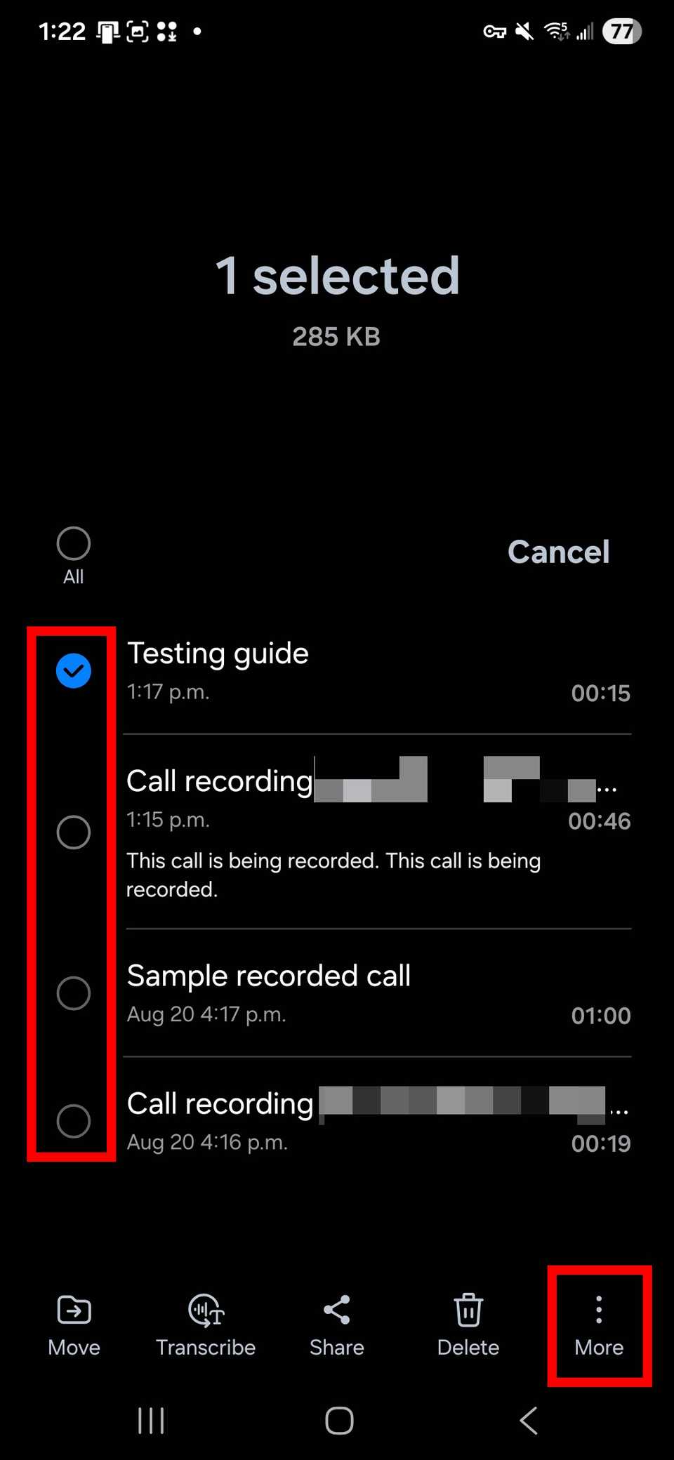 Two red rectangles highlighting radio buttons to select multiple recordings and the more button in the bottom right corner of the Voice Recorder app