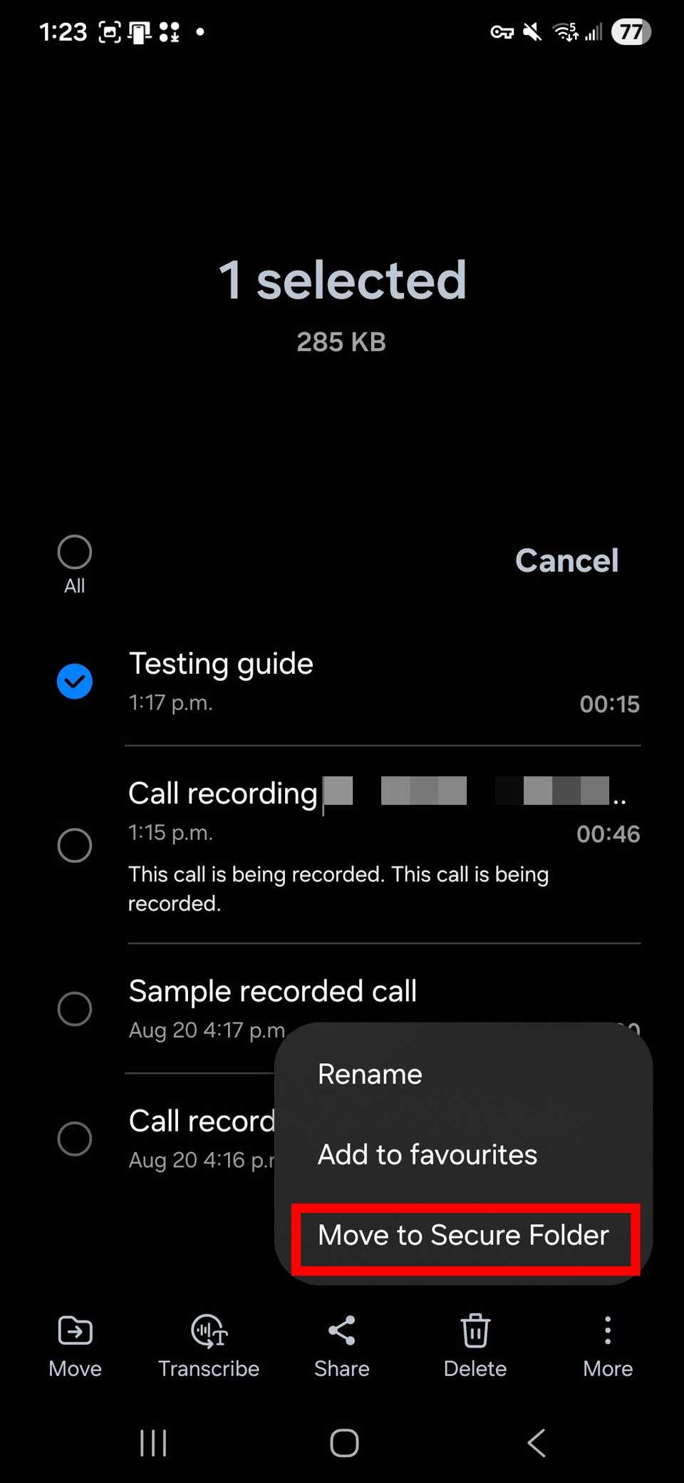 Red rectangle outline highlighting Move to Secure Folder option in the More options in Voice Recorder app