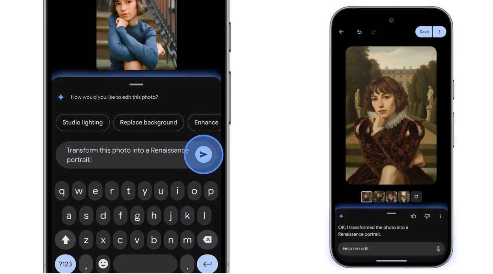 Capturas de tela destacando as edições do Nano Banana no Google Fotos.