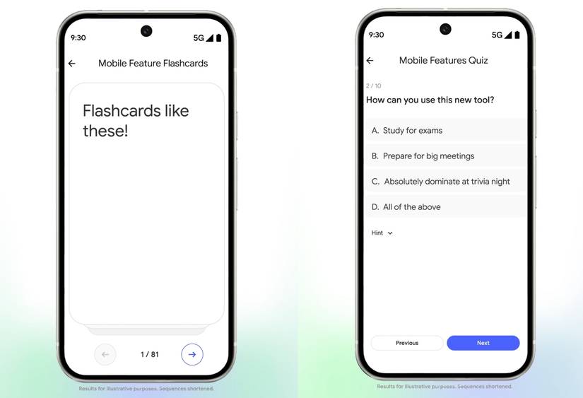 Screenshots highlighting notebooklm's flashcards and quizzes on mobile.