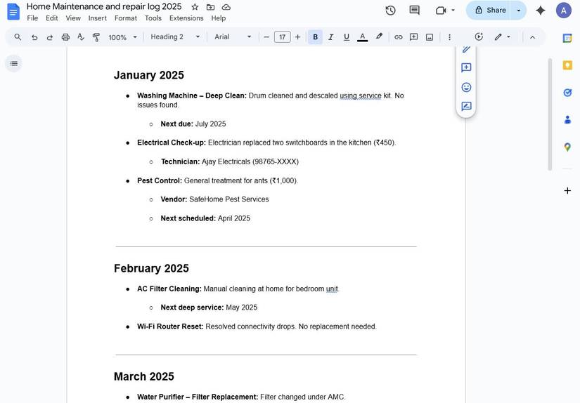 Screenshot of a Google Doc for home maintenance and repair logs