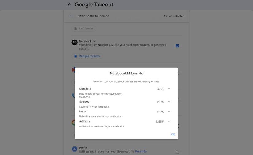 Captura de tela mostrando como fazer backup de notas do NotebookLM usando o Google Takeout