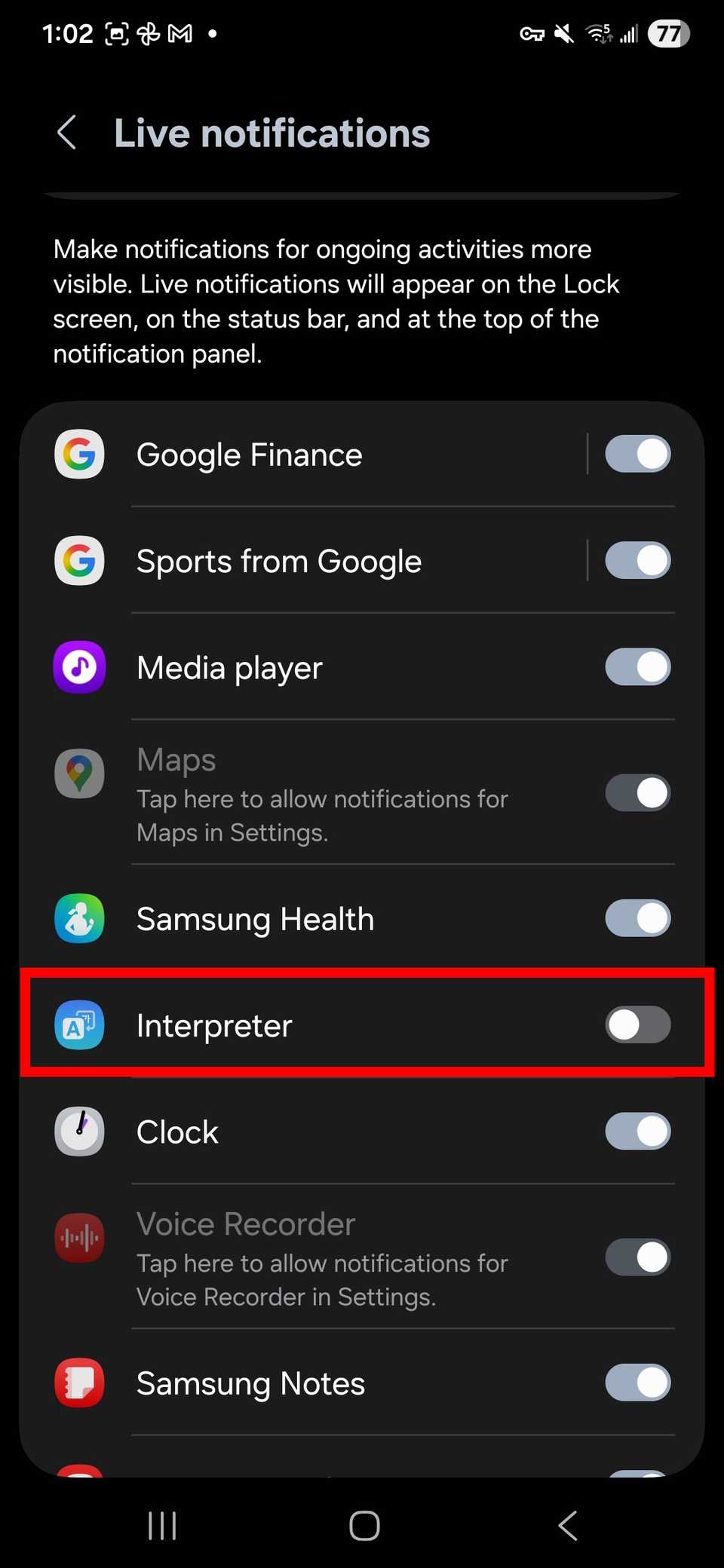 Red rectangle highlighting the Interpreter toggle while it is off in the Now bar settings