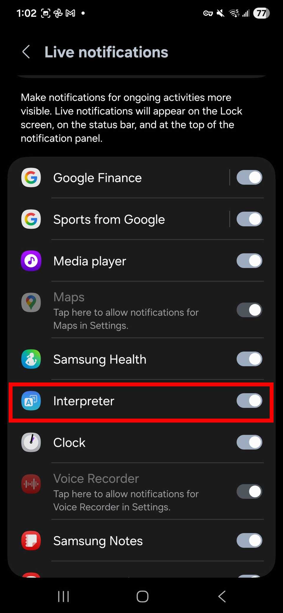 Red rectangle outline highlighting Interpreter toggle while it is on in the Now bar settings