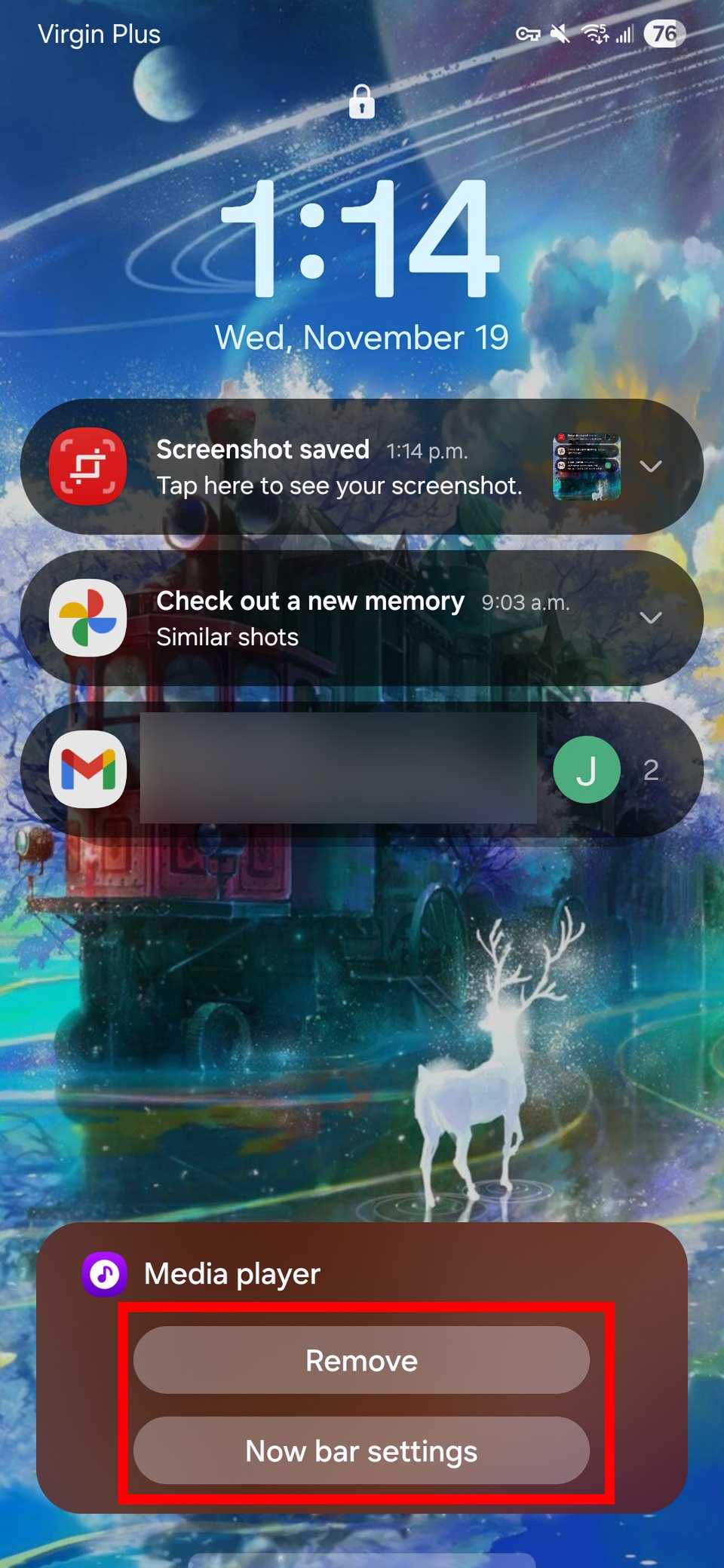 Red rectangle outline highlighting the Remove and Now bar settings option in Media control Now bar on a Samsung lock screen