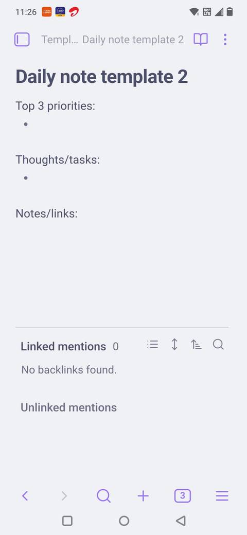 Screenshot di un modello di note giornaliere in Obsidian