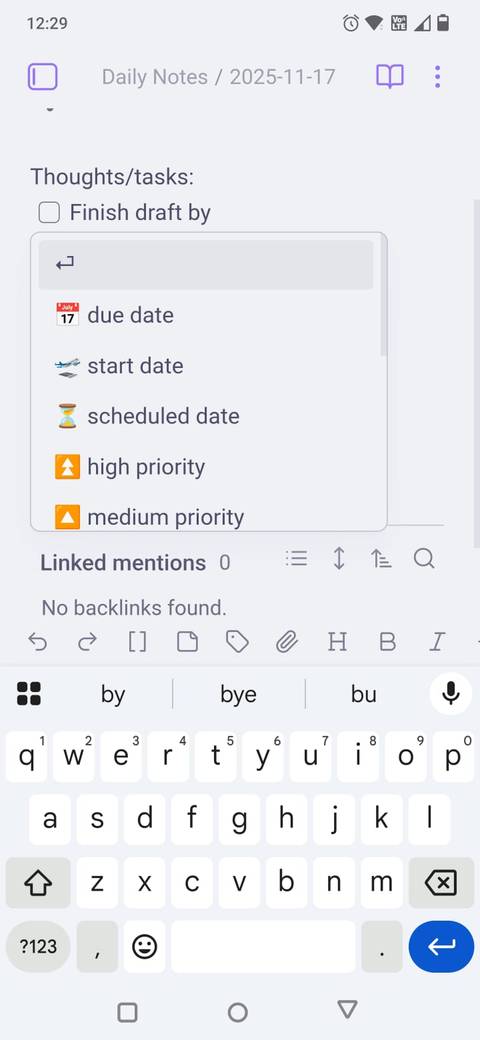 Screenshot delle attività in Obsidian