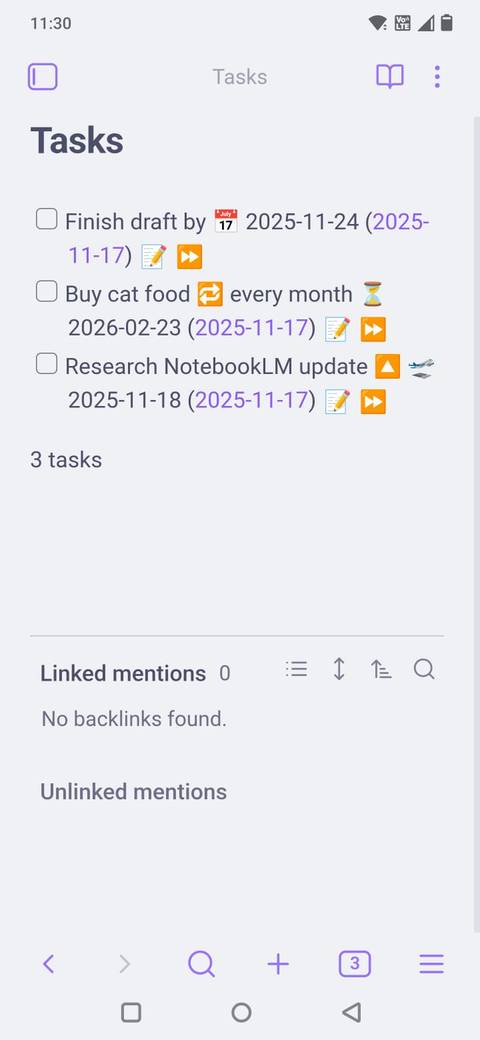 Screenshot che mostra tutte le attività in Obsidian