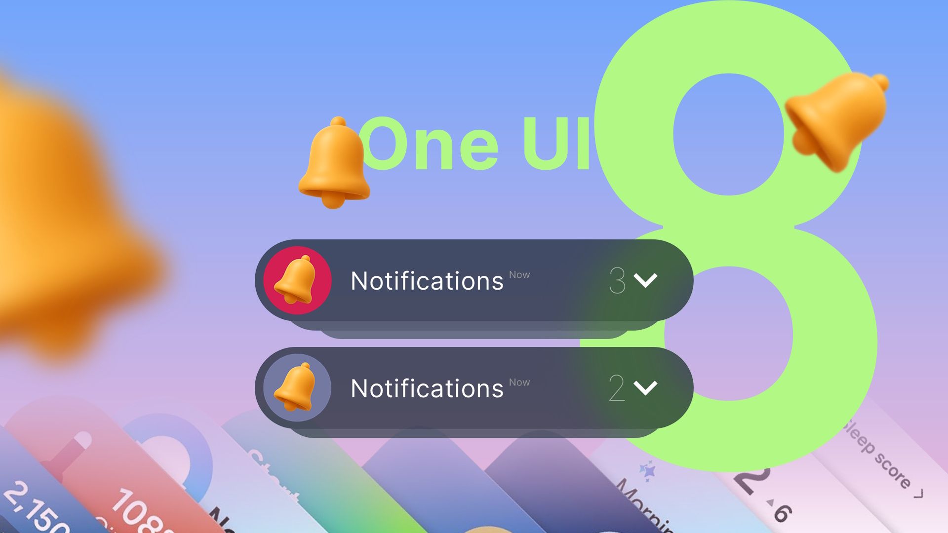 Un'interfaccia UI 8 che mostra due schede di notifica raggruppate e icone di notifica in giro.