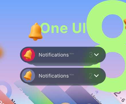 One UI 8 interface showing two grouped notification cards and notification icons around.