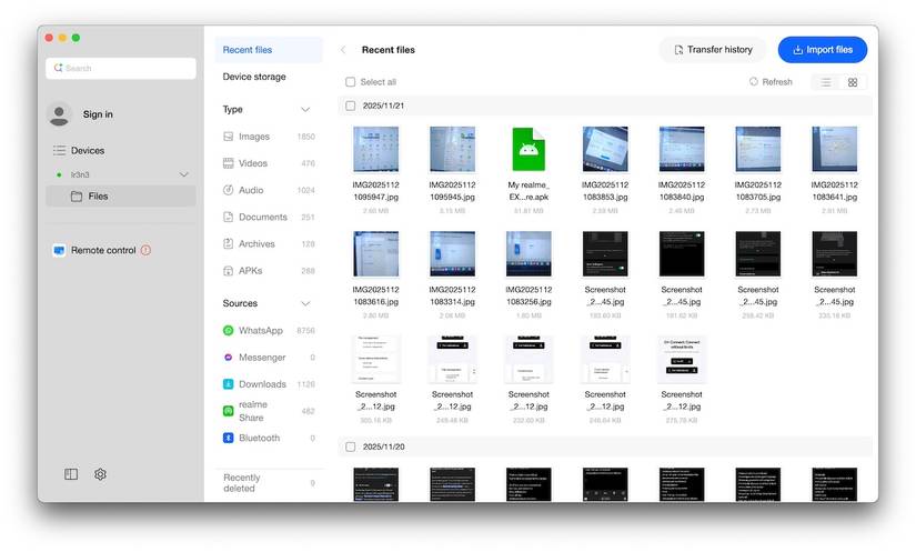 O+ Connect app on MacBook showing Android phone files wirelessly accessed via Multi-Screen Connect on Realme