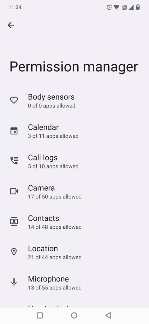 Screenshot showing the permission manager menu in Android
