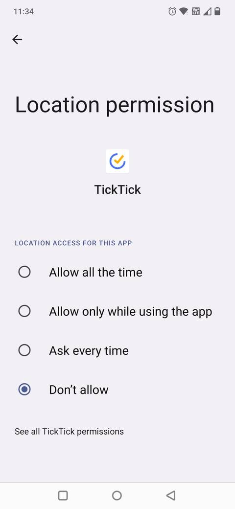 لقطة شاشة توضح إذن الموقع لتطبيق TickTick