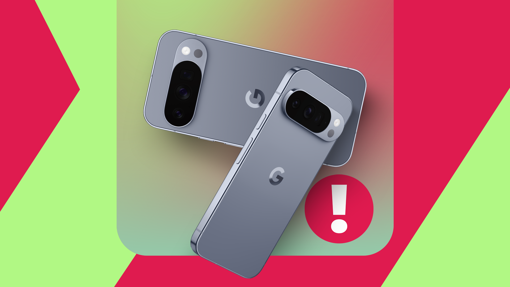 Due telefoni Google Pixel sovrapposti su uno sfondo colorato, con un punto esclamativo rosso sotto di essi.