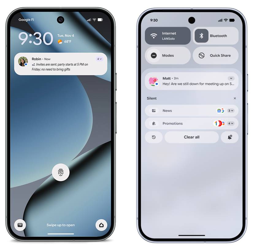 Screenshot highlighting Pixel's notification summary and notification organization.