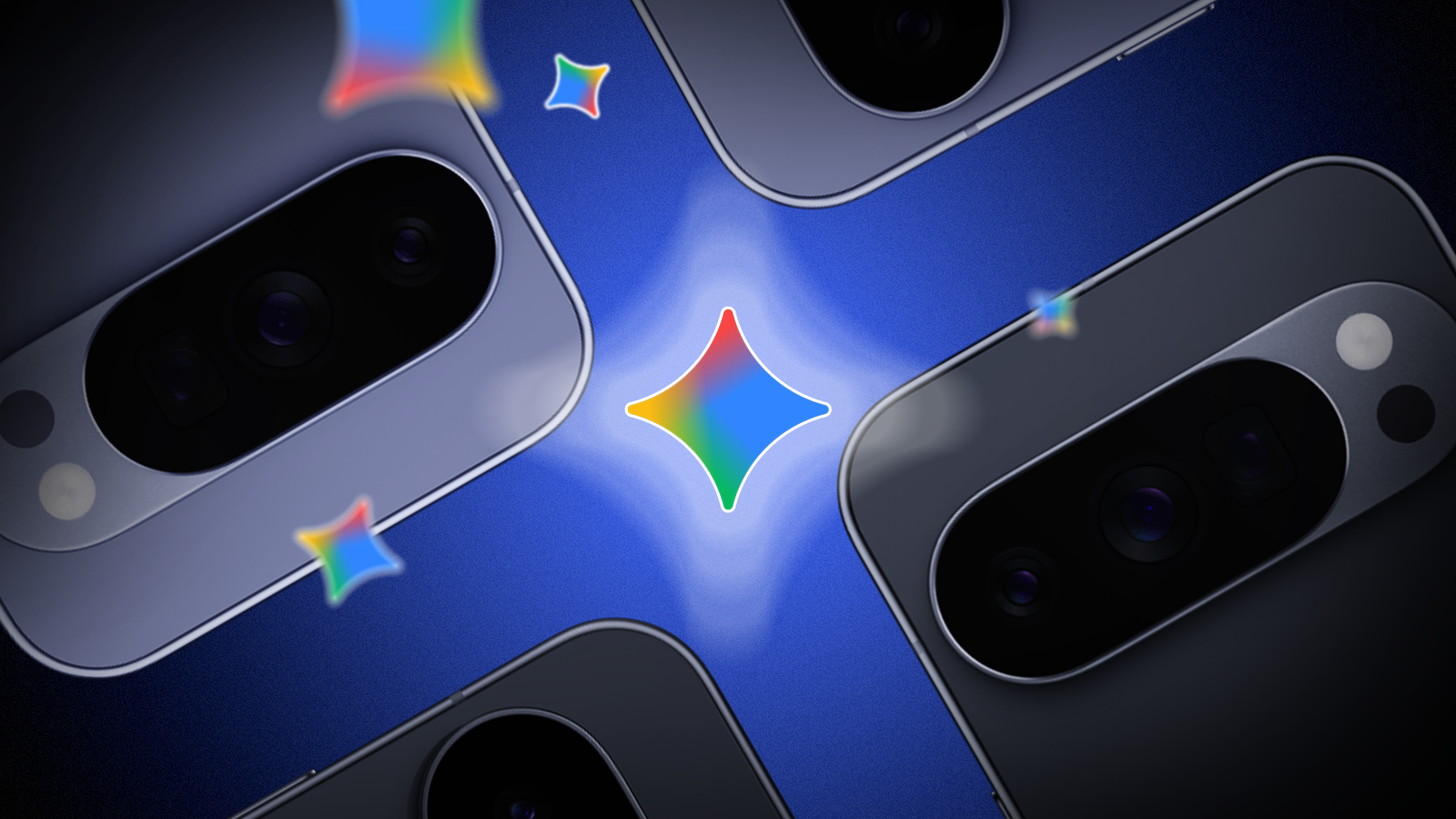 Close-up illustration of multiple Google Pixel cameras arranged around a glowing Gemini sparkle icon in the center