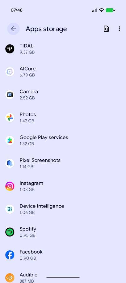menu di archiviazione delle app su pixel