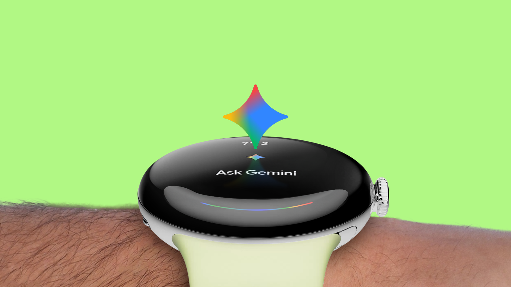 Um Pixel Watch 4 em um pulso com o ícone colorido do brilho do Gêmeos flutuando acima da tela enquanto o relógio exibe 