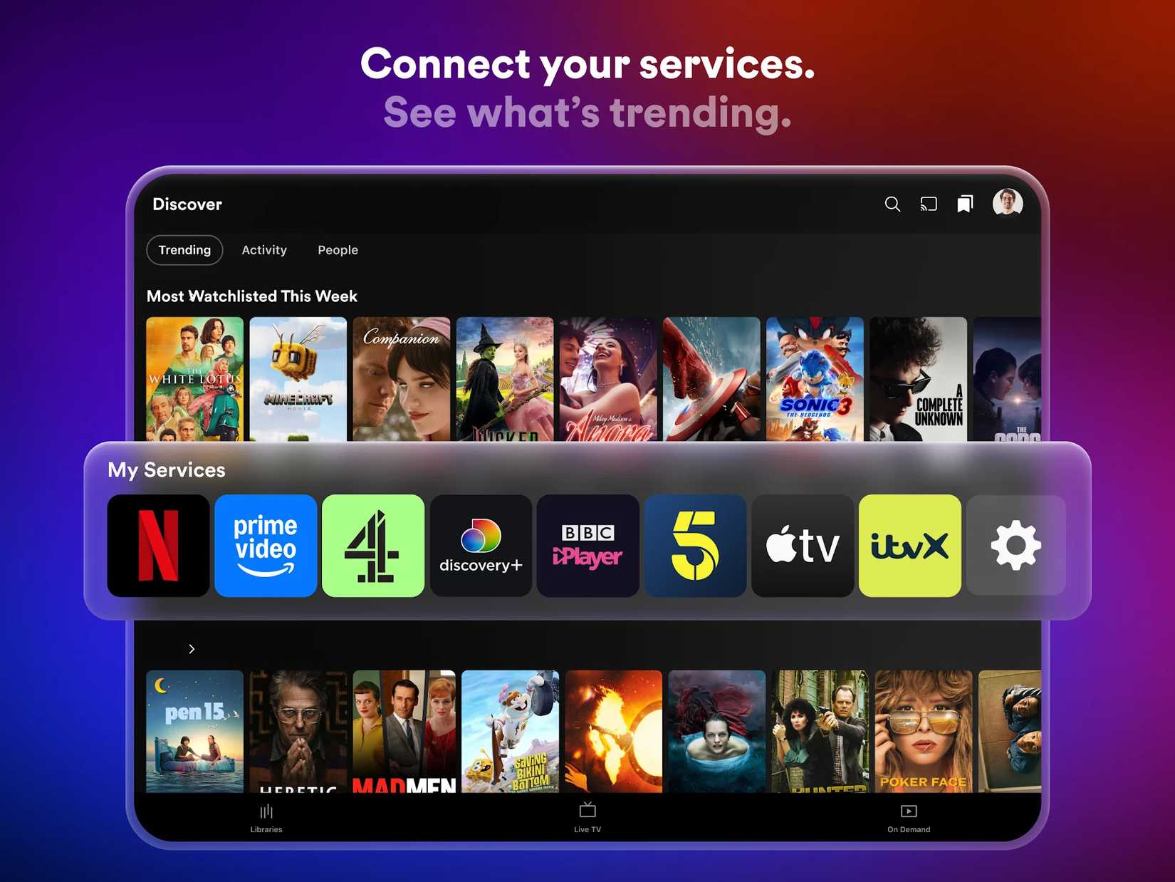 Interface do aplicativo Plex mostrando filmes populares e serviços de streaming conectados