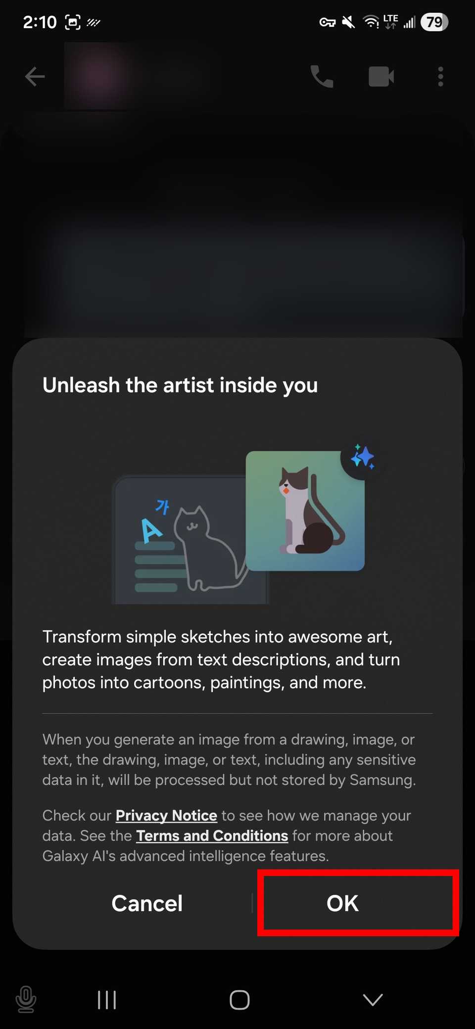 كيفية إنشاء وإرسال ملصقات AI باستخدام لوحة مفاتيح Samsung 7 popup notice ai stickers usage