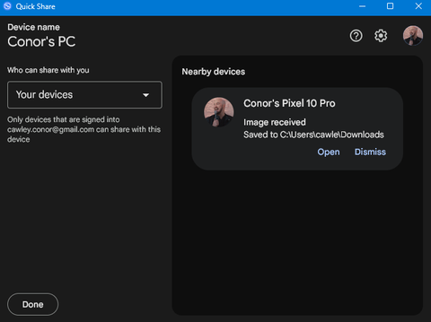 The Quick Share for Windows interface with an image received notification.