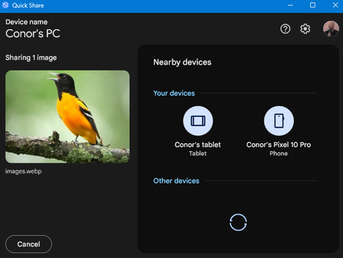 The Quick Share for Windows interface accepting an image.