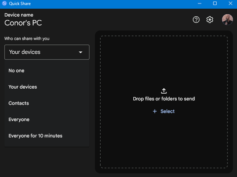 The Quick Share for Windows interface with the visibility menu open