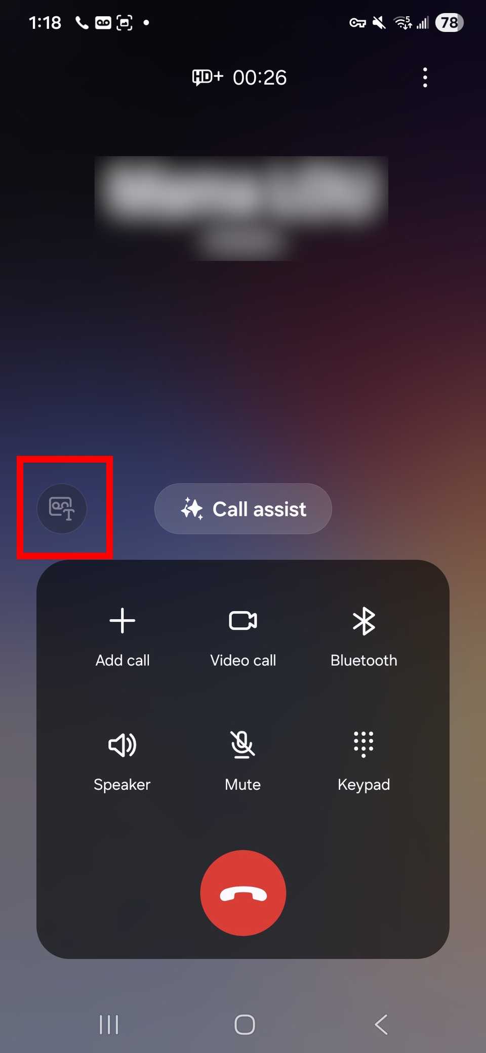 Red rectangle outline highlighting the record call button in the Samsung Phone app while in a call