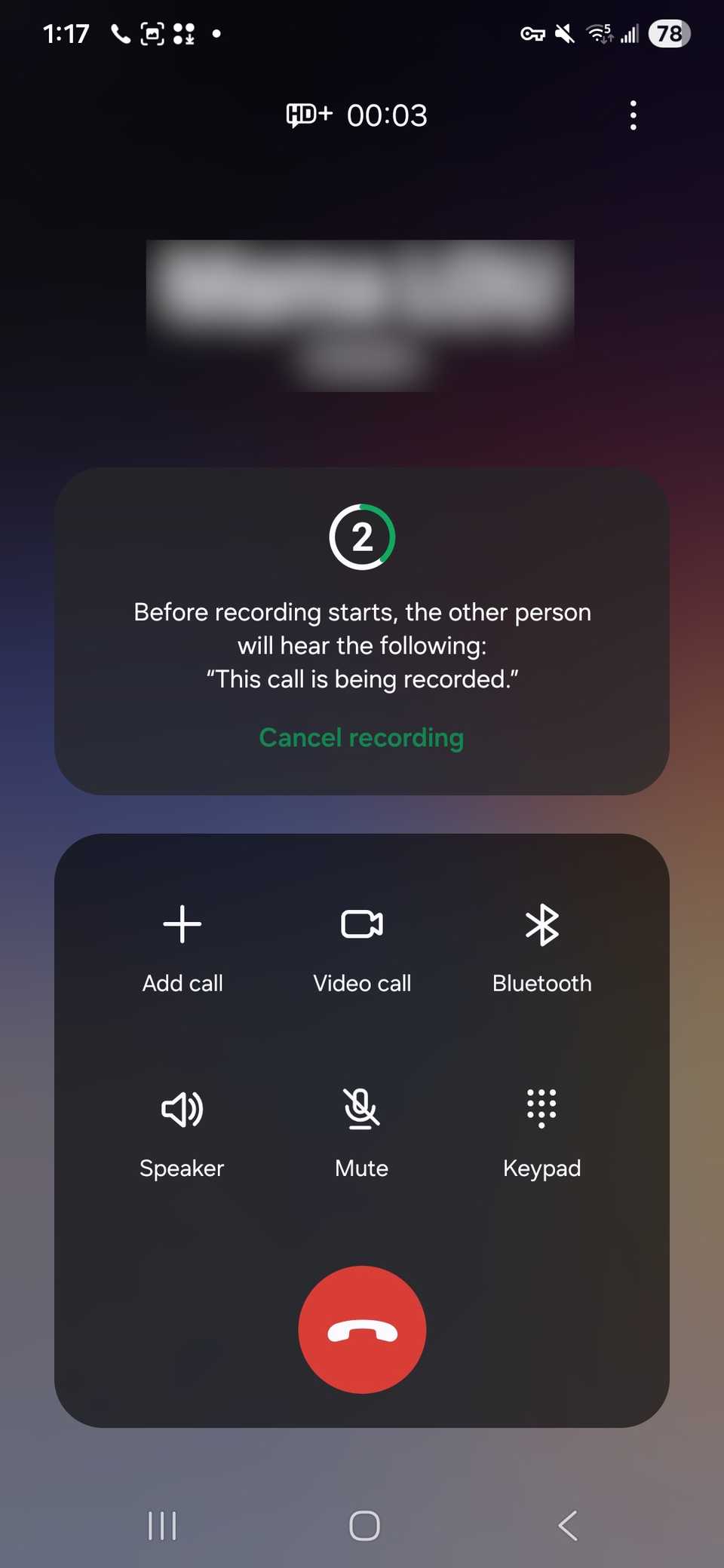 A warning message saying that the other person will hear the following 'This call is being recorded' after initiating record call with another user in the Samsung Phone app