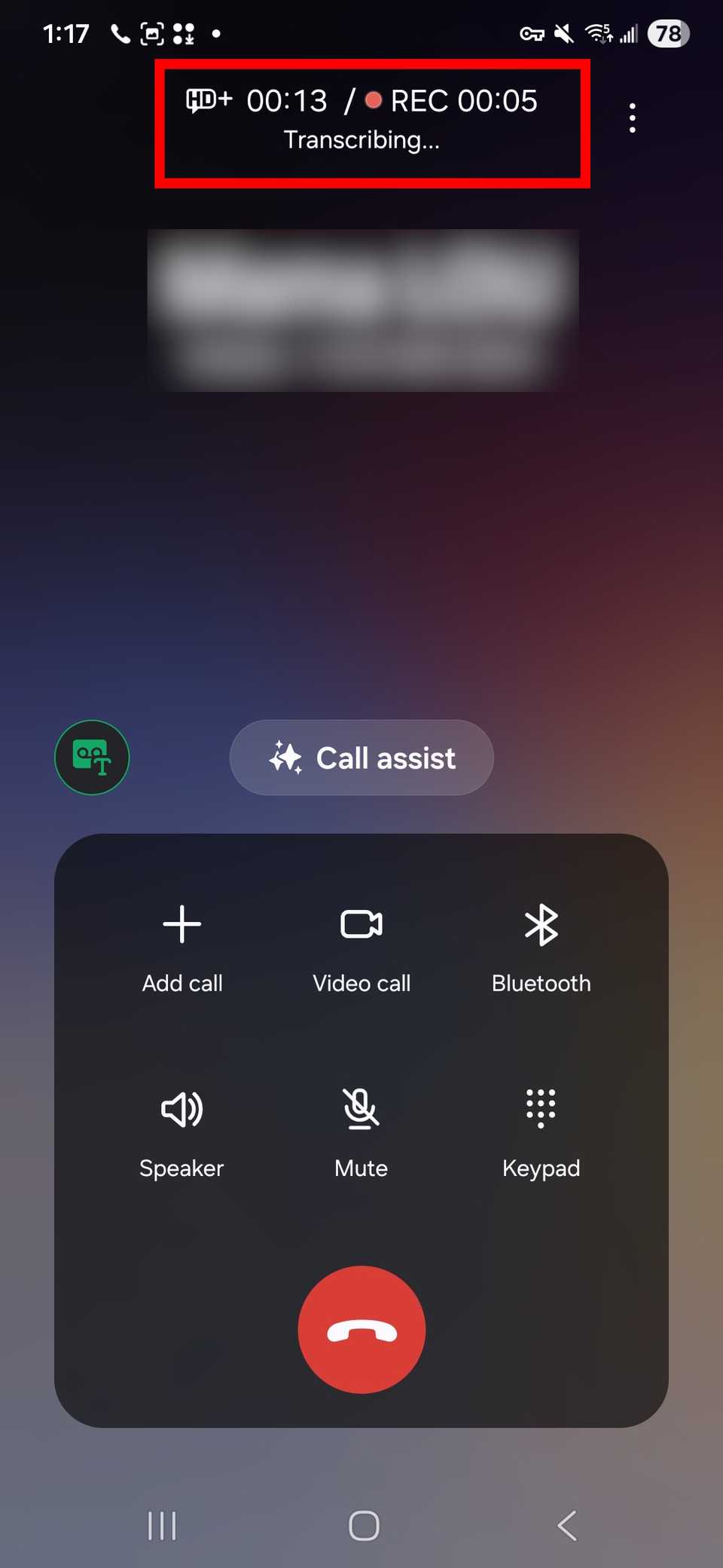 Red rectangle outline highlighting the record call status time, duration, and transcribing, above the user call menu in Samsung phone app