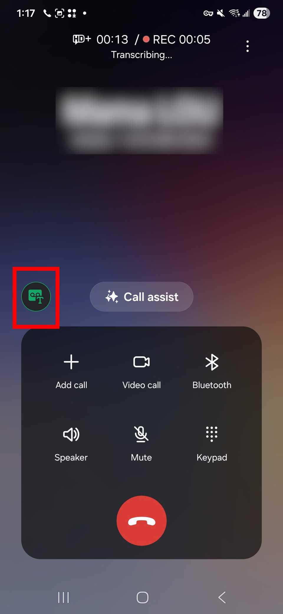 Red rectangle outline highlighting the green record call button while in a call with another person in Samsung Phone app